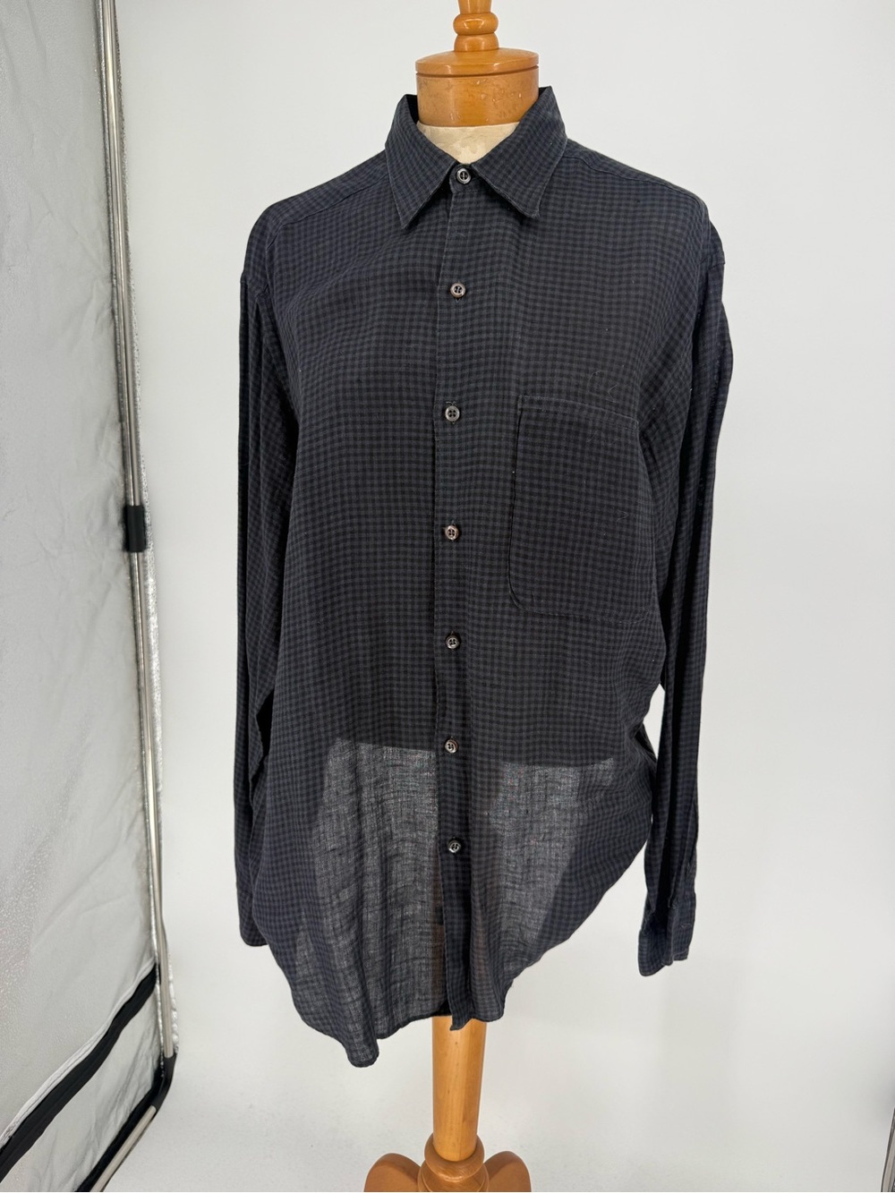 Barney’s Men's Black & Gray Micro-Check Linen Button-Up Shirt sz Large - Picture 2 of 8